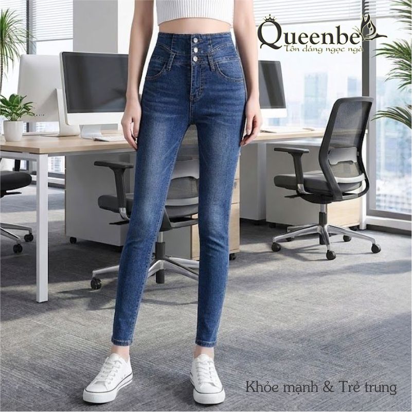 Quần jean nữ lưng cao màu xanh đậm Queenbe GLQ112 dáng ôm vải jean cotton co giãn, thông thoáng, không xù, không bai