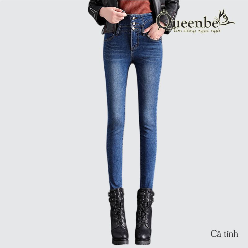 Quần jean nữ lưng cao màu xanh đậm Queenbe GLQ112 dáng ôm vải jean cotton co giãn, thông thoáng, không xù, không bai