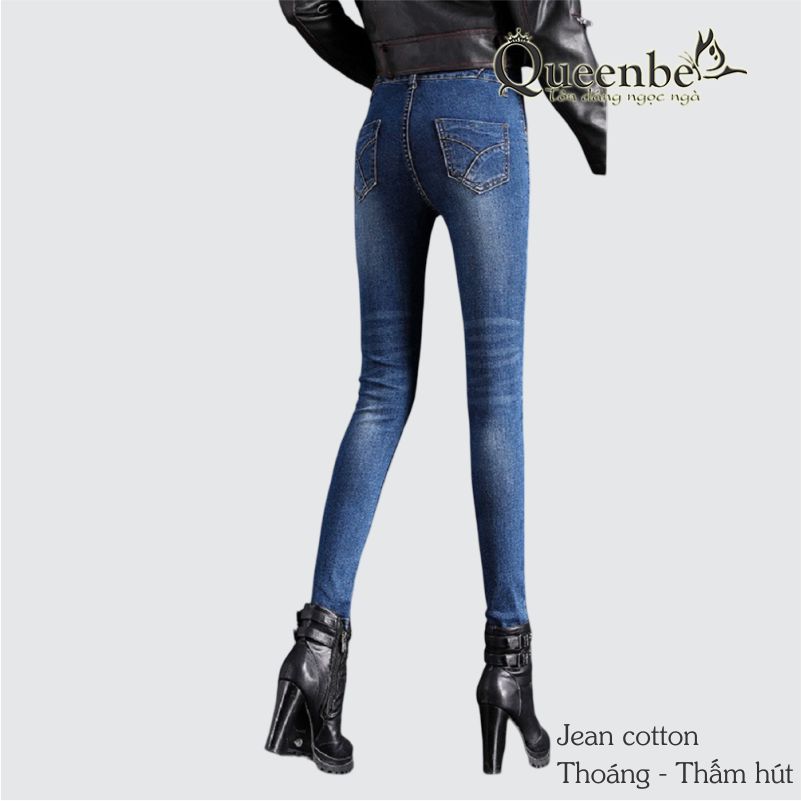 Quần jean nữ lưng cao màu xanh đậm Queenbe GLQ112 dáng ôm vải jean cotton co giãn, thông thoáng, không xù, không bai