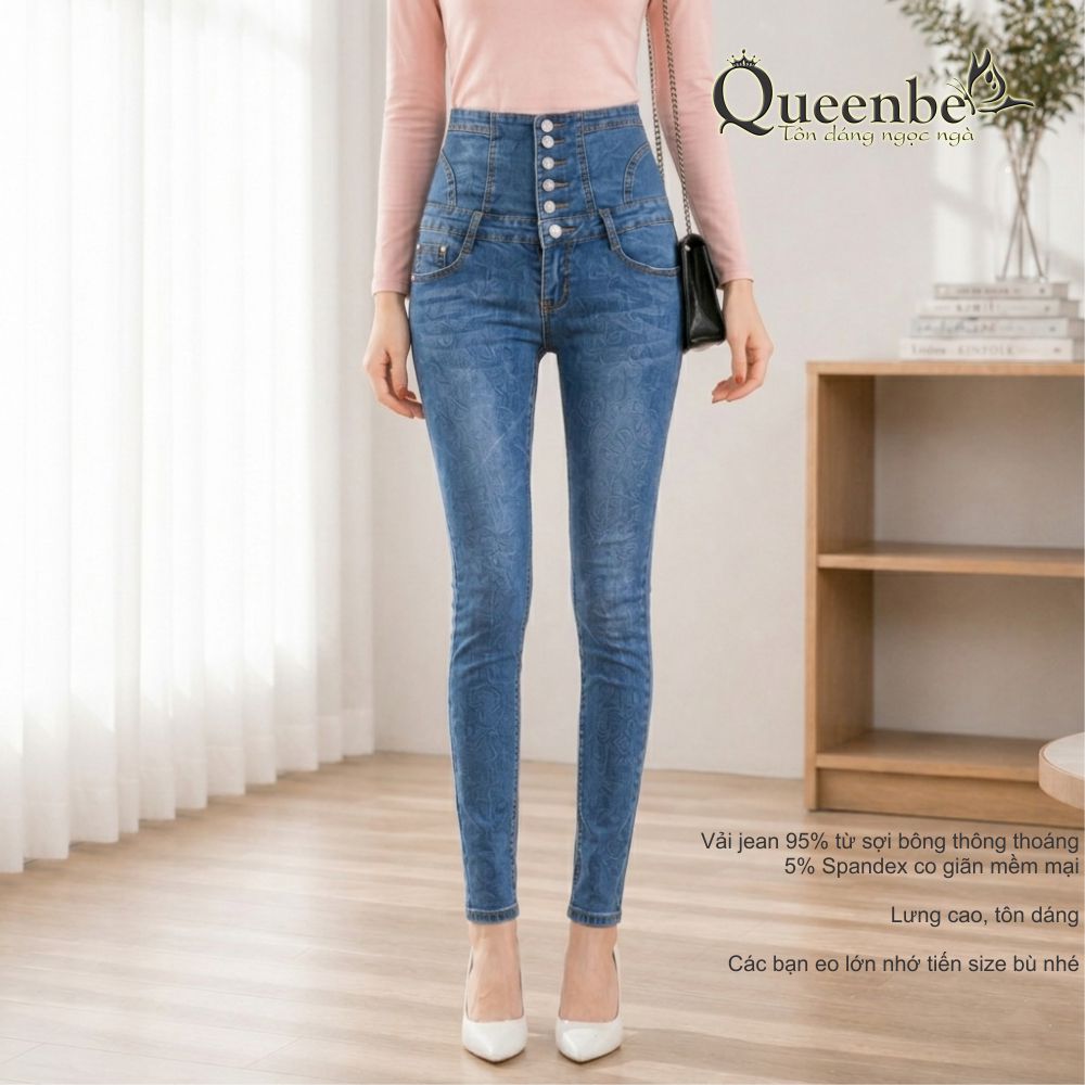 Quần jean nữ lưng cao nhiều nút thắt dây Queenbe GLQ026