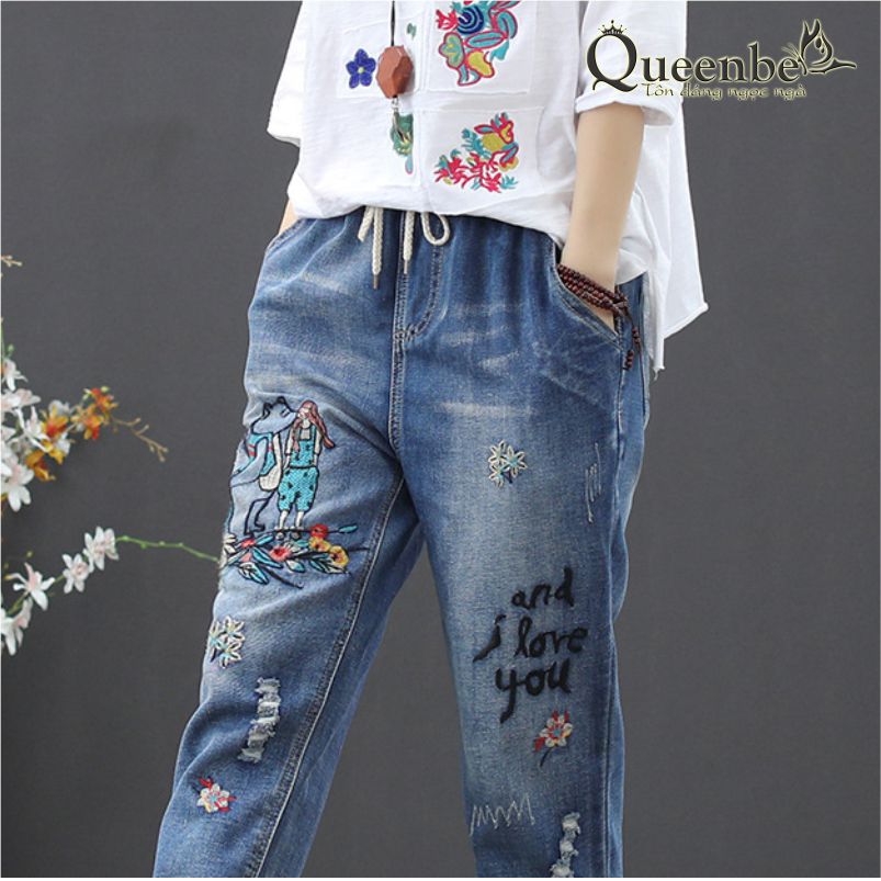 Quần jean nữ lưng thun kiểu nhật có big size Queenbe GLQ125 Cotton wash mềm, thêu họa tiết