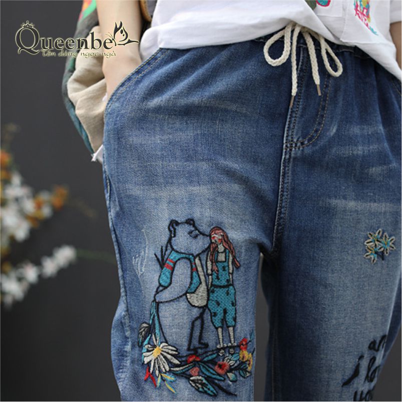 Quần jean nữ lưng thun kiểu nhật có big size Queenbe GLQ125 Cotton wash mềm, thêu họa tiết