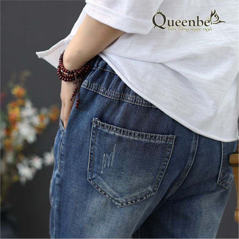 Quần jean nữ lưng thun kiểu nhật có big size Queenbe GLQ125 Cotton wash mềm, thêu họa tiết