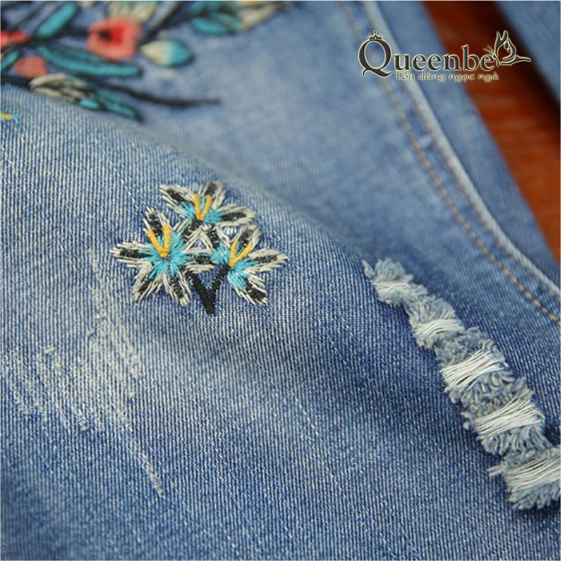 Quần jean nữ lưng thun kiểu nhật có big size Queenbe GLQ125 Cotton wash mềm, thêu họa tiết