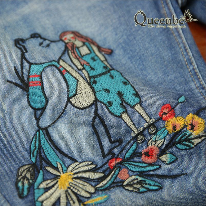 Quần jean nữ lưng thun kiểu nhật có big size Queenbe GLQ125 Cotton wash mềm, thêu họa tiết