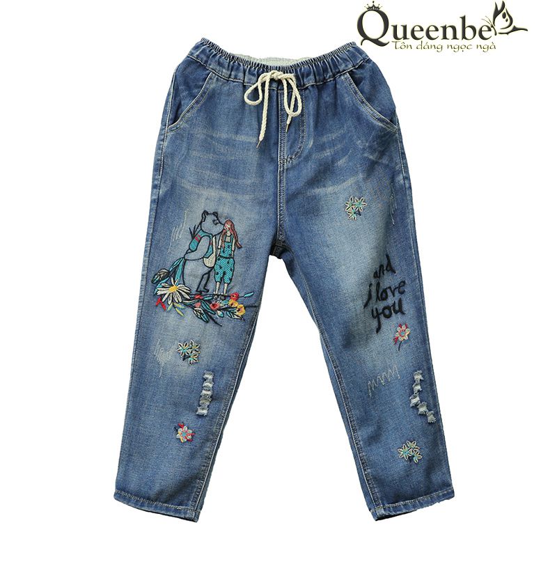 Quần jean nữ lưng thun kiểu nhật có big size Queenbe GLQ125 Cotton wash mềm, thêu họa tiết