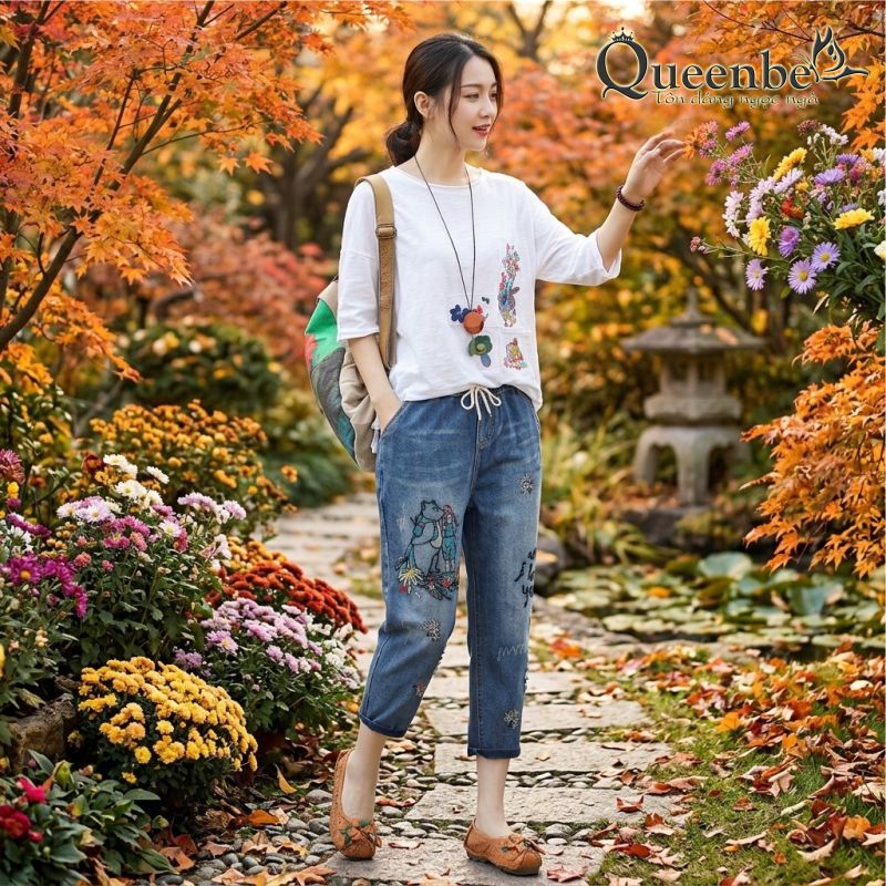 Quần jean nữ lưng thun kiểu nhật có big size Queenbe GLQ125 Cotton wash mềm, thêu họa tiết