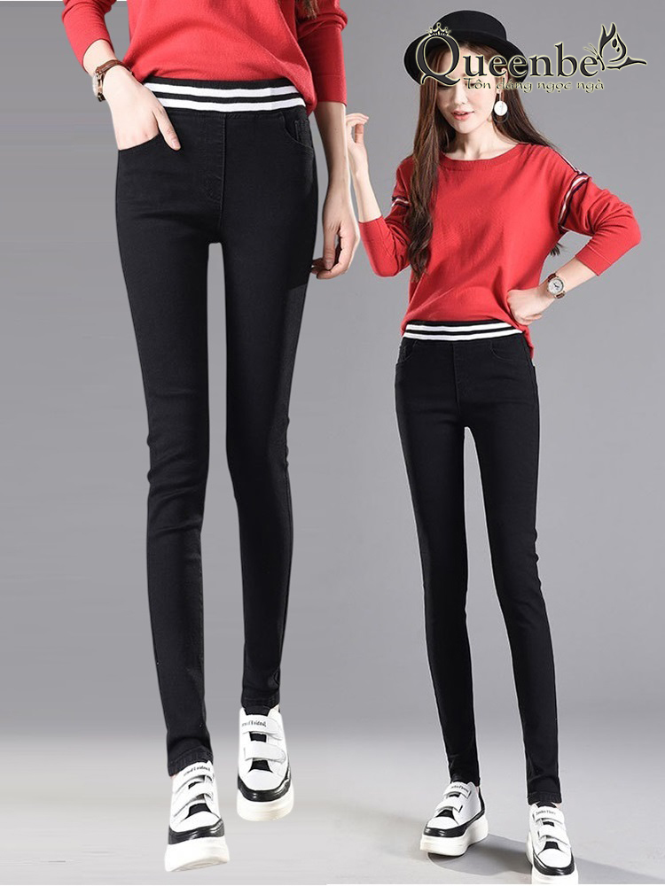 Quần jean nữ lưng thun lưng cao dáng thể thao có big size Queenbe GLQ071 vải jean cotton mềm co giãn, bền màu