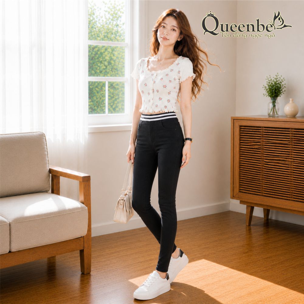Quần jean nữ lưng thun lưng cao dáng thể thao có big size Queenbe GLQ071 vải jean cotton mềm co giãn, bền màu