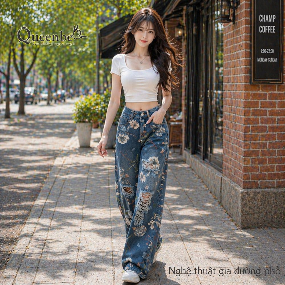 Quần jean nữ ống đứng mài rách nghệ thuật in 3D Queenbe GLQ174 vải denim cotton mềm không nhăn