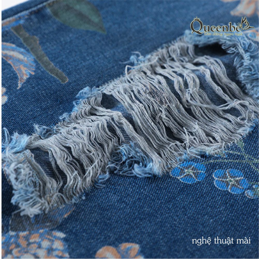 Quần jean nữ ống đứng mài rách nghệ thuật in 3D Queenbe GLQ174 vải denim cotton mềm không nhăn
