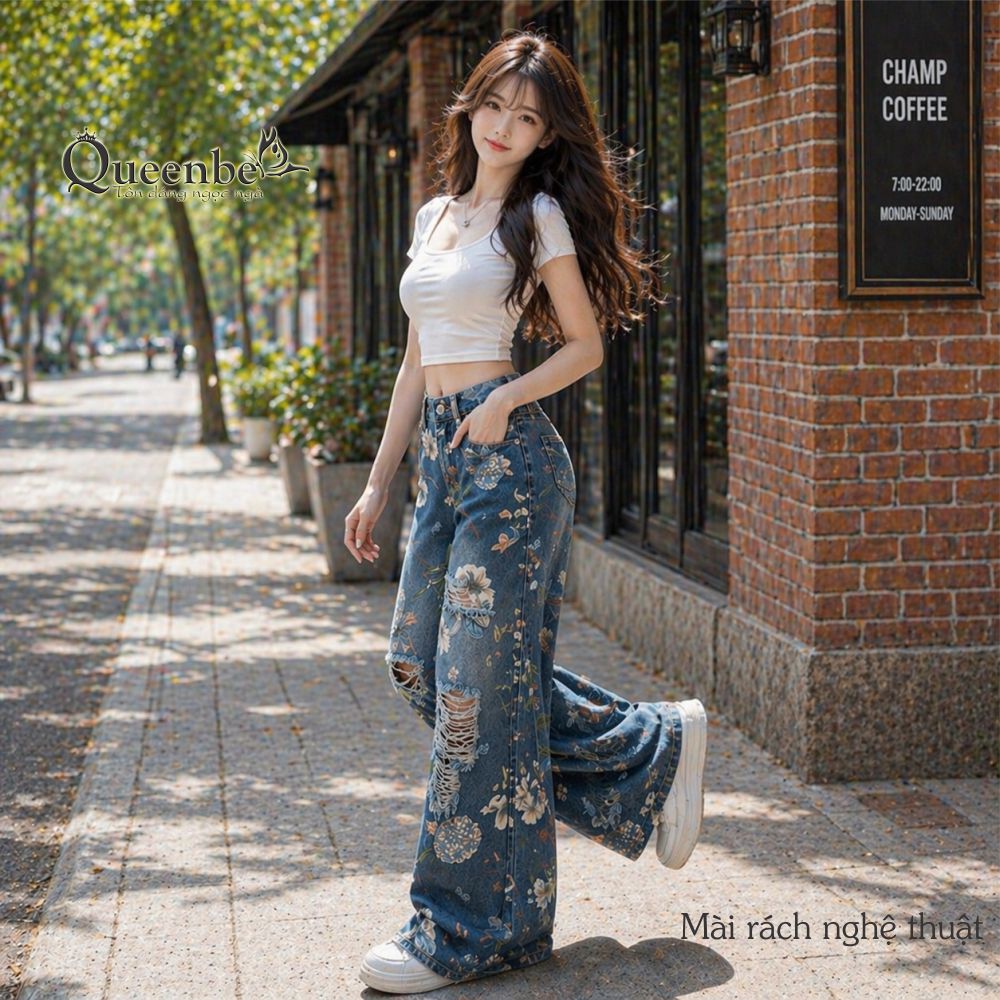 Quần jean nữ ống đứng mài rách nghệ thuật in 3D Queenbe GLQ174 vải denim cotton mềm không nhăn