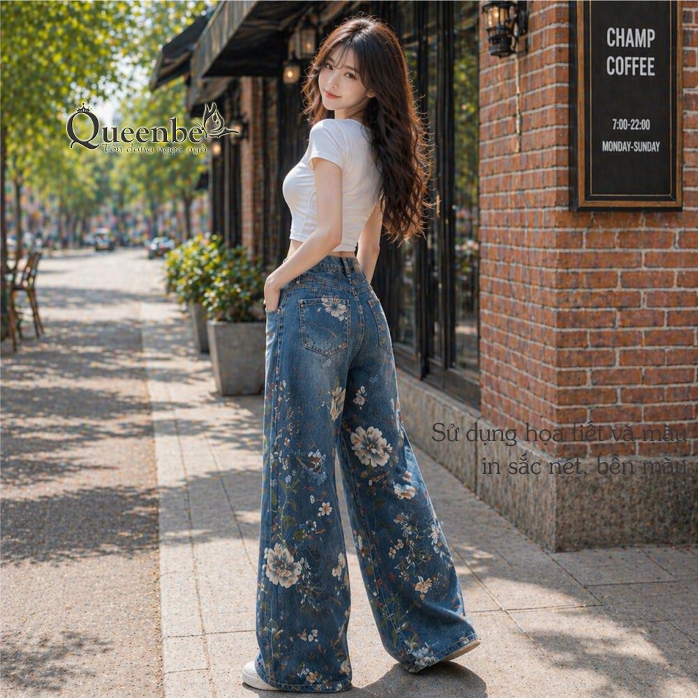 Quần jean nữ ống đứng mài rách nghệ thuật in 3D Queenbe GLQ174 vải denim cotton mềm không nhăn