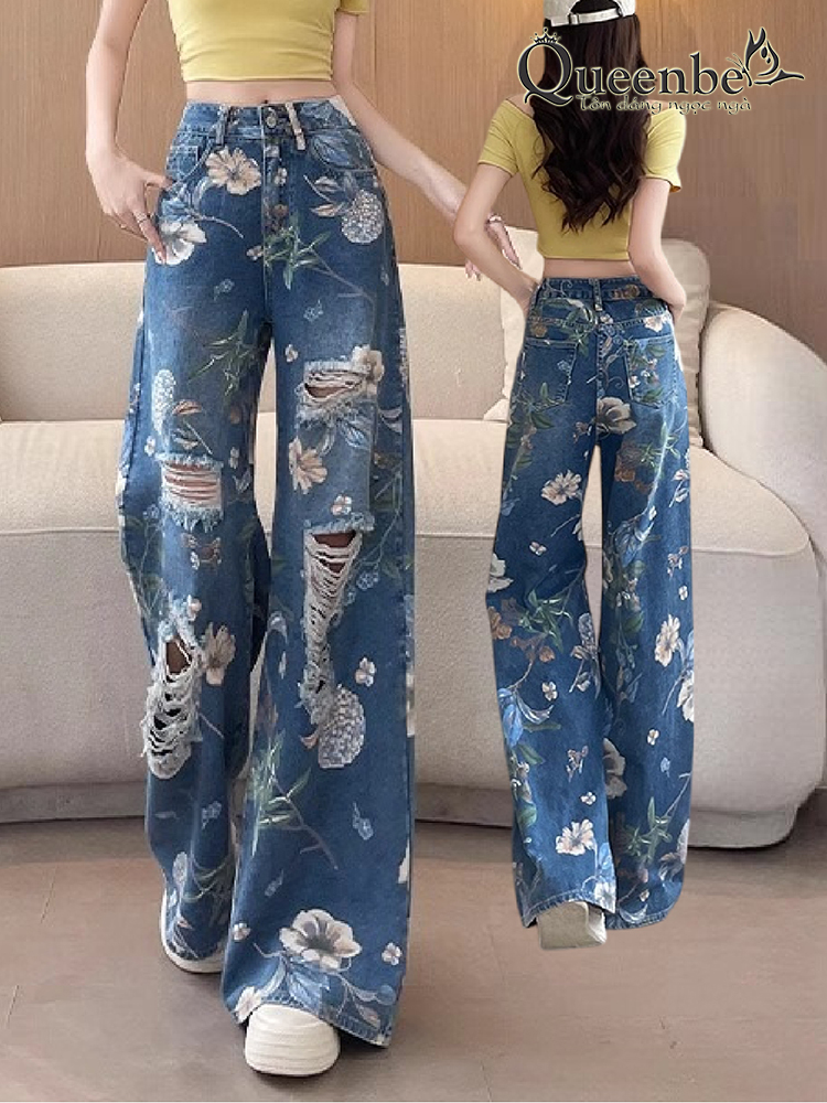 Quần jean nữ ống đứng mài rách nghệ thuật in 3D Queenbe GLQ174 vải denim cotton mềm không nhăn