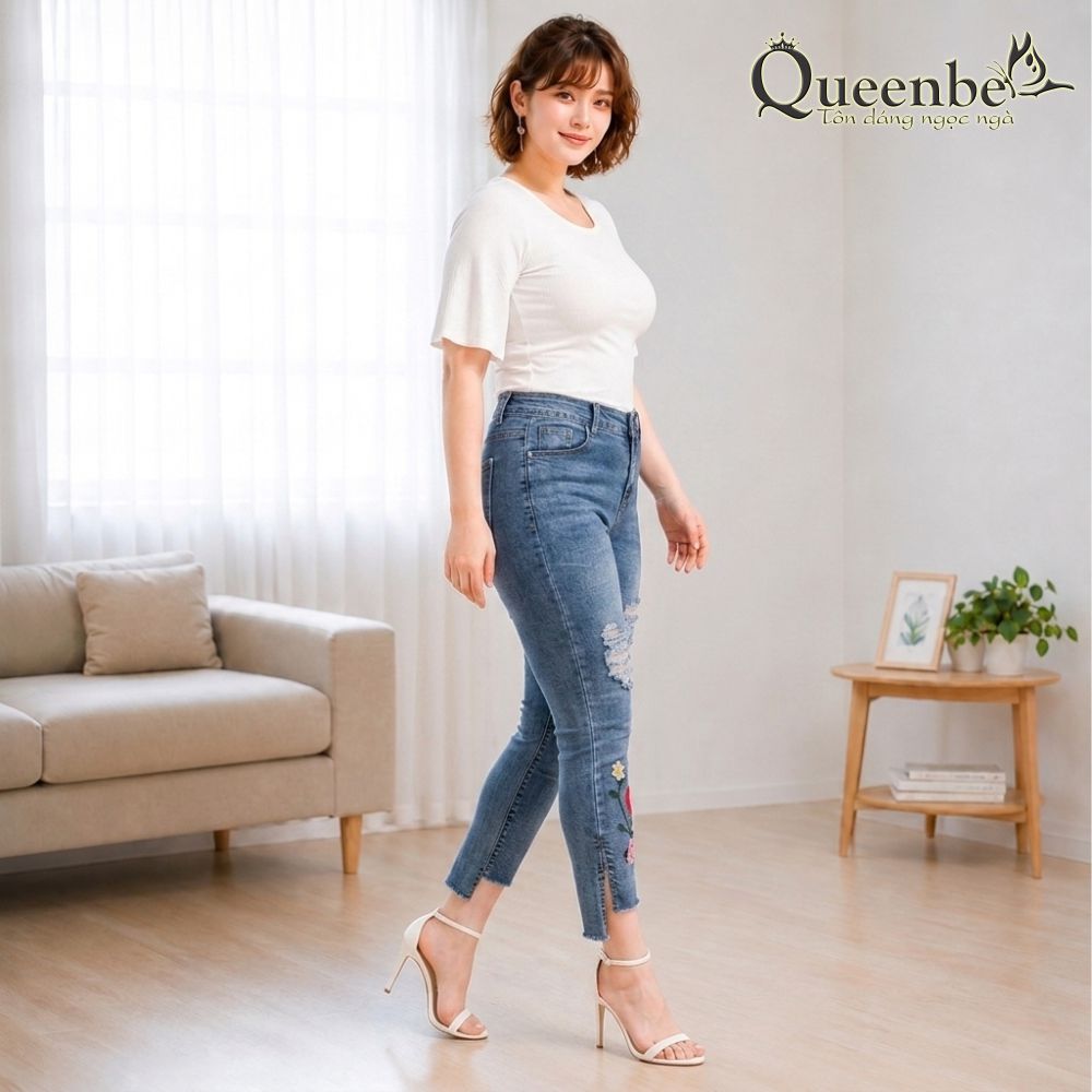 Quần jean nữ ống lỡ xẻ lai quần nữ thêu hoa hồng có big size Queenbe GLQ082 jean gốc sợi bông mềm thoáng