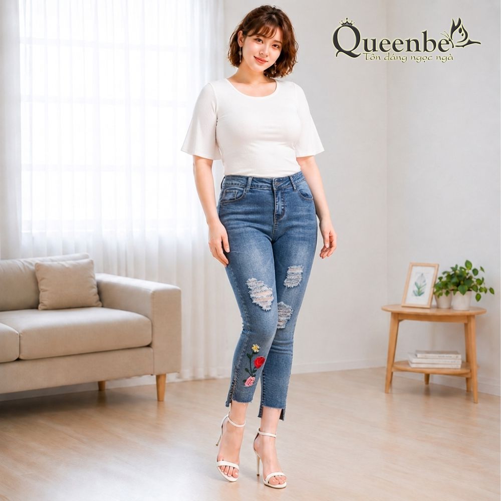 Quần jean nữ ống lỡ xẻ lai quần nữ thêu hoa hồng có big size Queenbe GLQ082 jean gốc sợi bông mềm thoáng