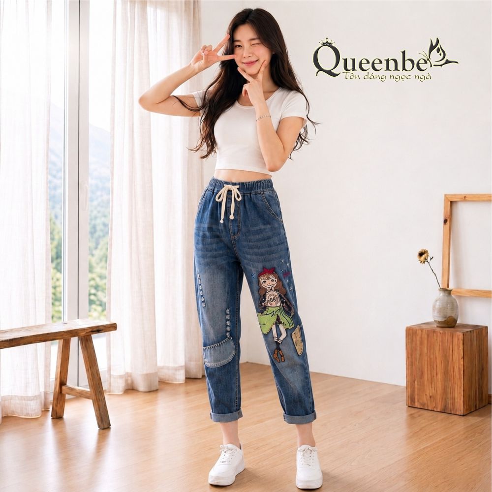 Quần jean phong cách nhật chất denim big size ống lỡ có big size Queenbe GLQ155