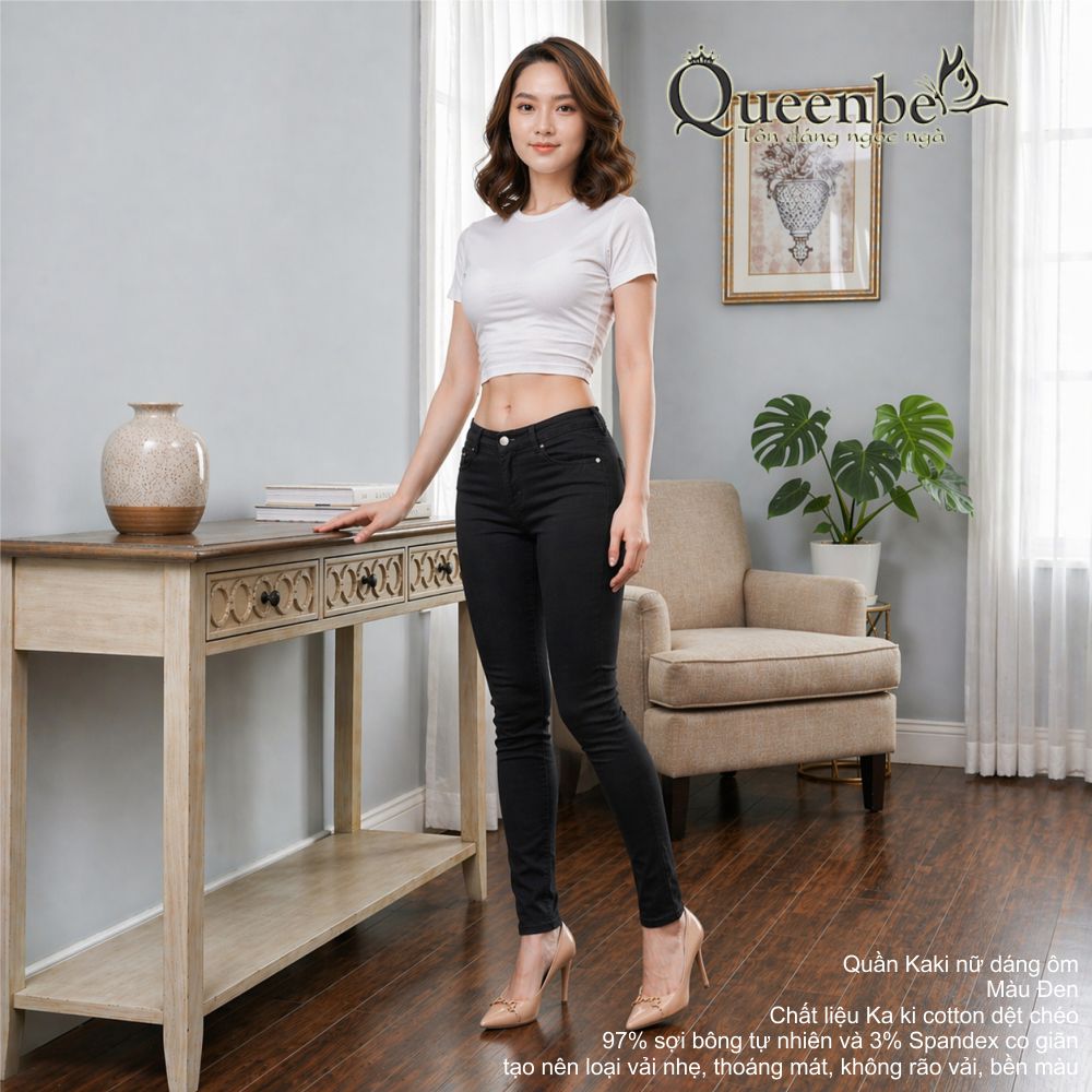 Quần kaki nữ cotton dệt chéo Queenbe GLQ019 co giãn dáng ôm, thông thoáng, thấm hút tốt, không rão