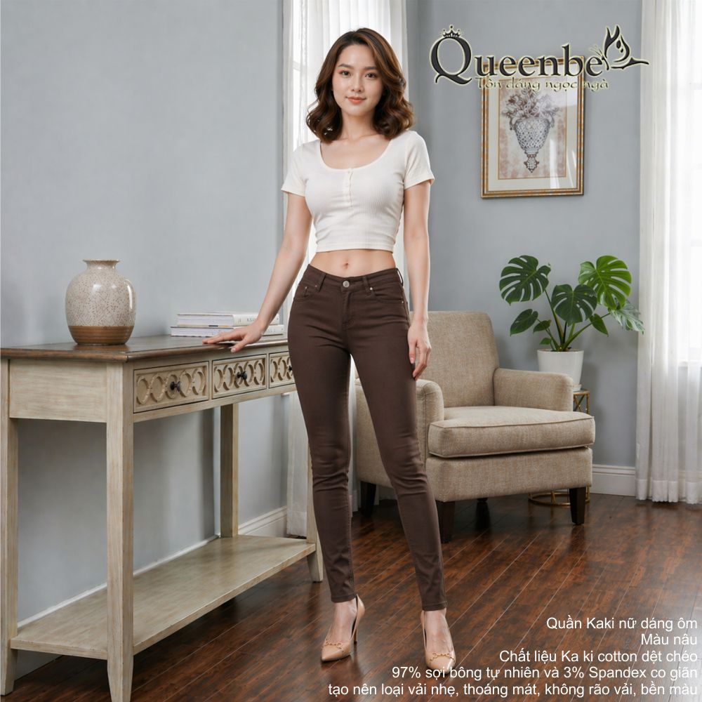 Quần kaki nữ cotton dệt chéo Queenbe GLQ019 co giãn dáng ôm, thông thoáng, thấm hút tốt, không rão