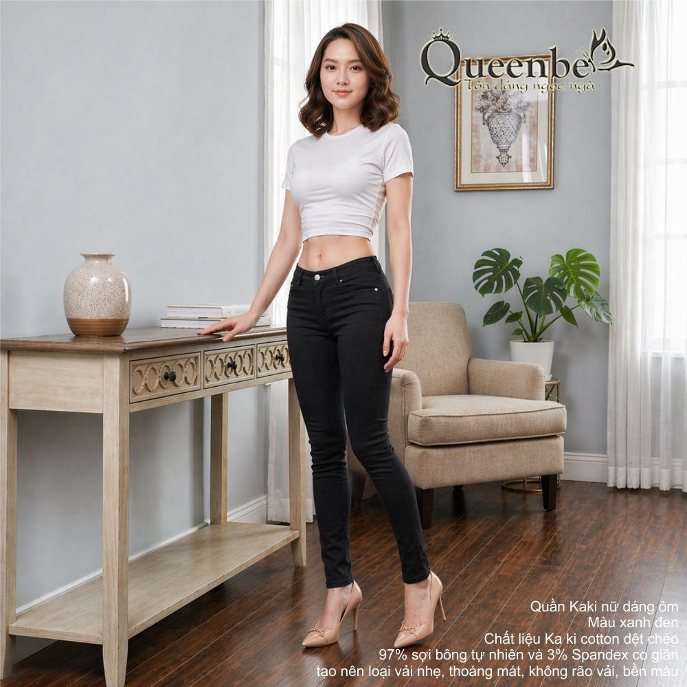 Quần kaki nữ cotton dệt chéo Queenbe GLQ019 co giãn dáng ôm, thông thoáng, thấm hút tốt, không rão
