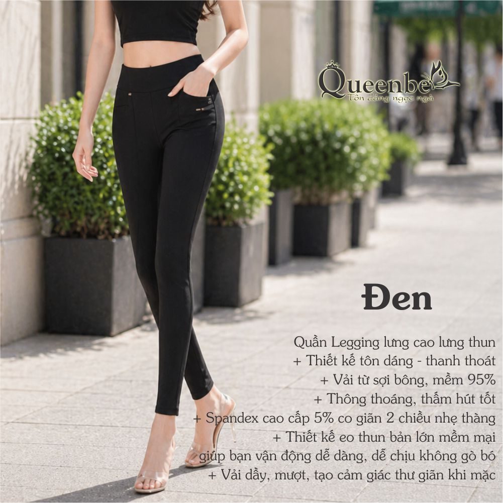 Quần legging nữ lưng cao Queenbe có big size GLQ047 vải cotton dầy mềm thoáng thun bản lớn