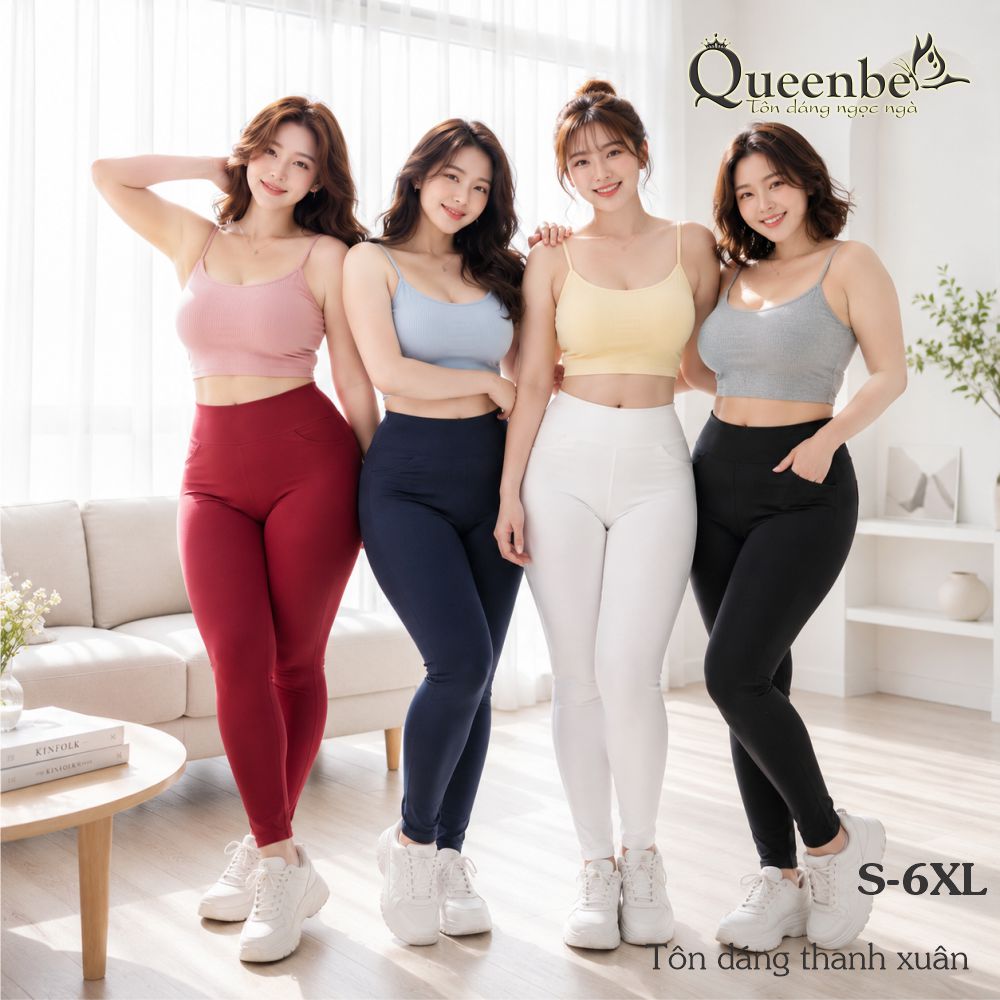 Quần legging nữ lưng cao Queenbe có big size GLQ047 vải cotton dầy mềm thoáng thun bản lớn