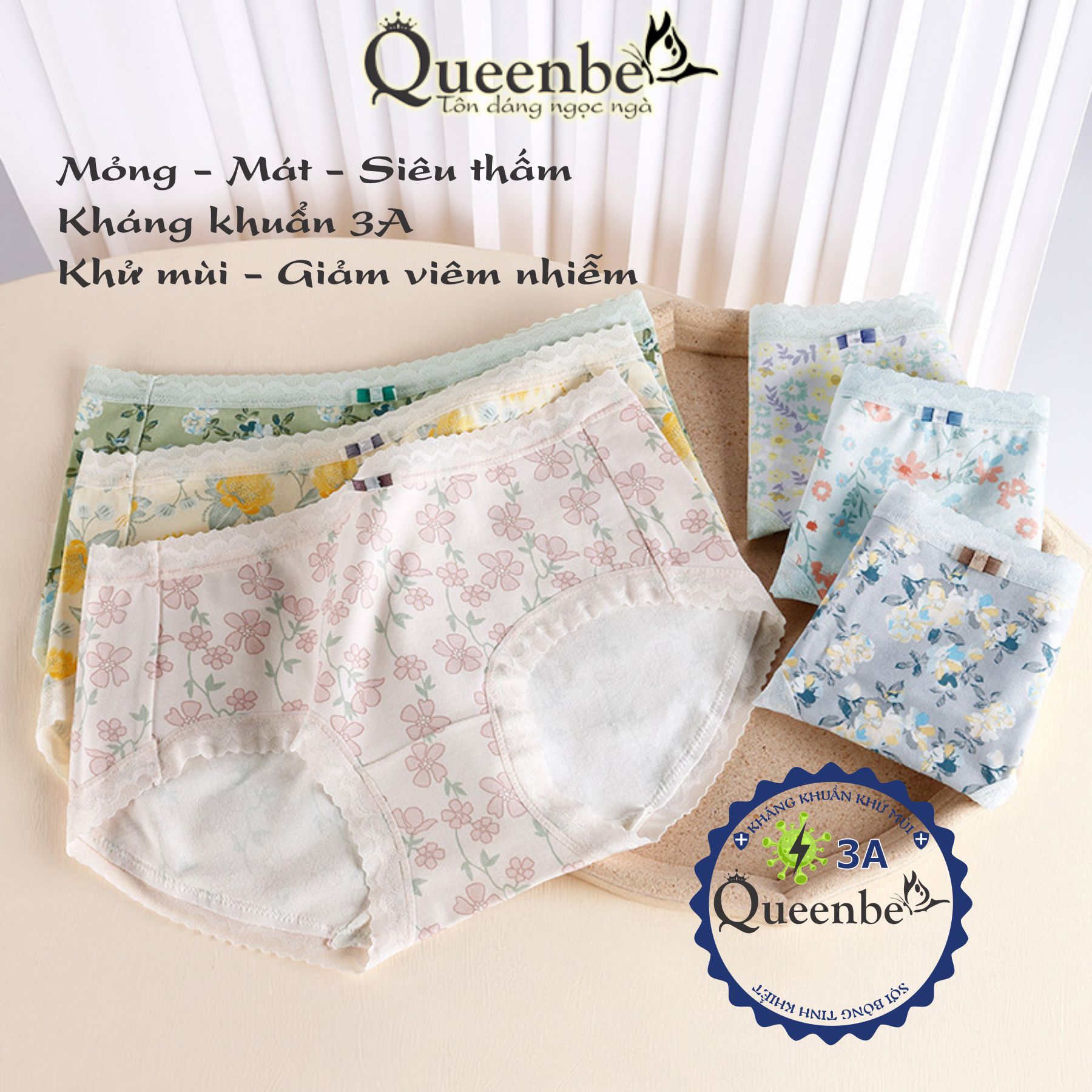 Quần lót cotton tinh khiết Queenbe GLDL048 hoa xinh cạp trung đáy kháng khuẩn vải thoáng khí
