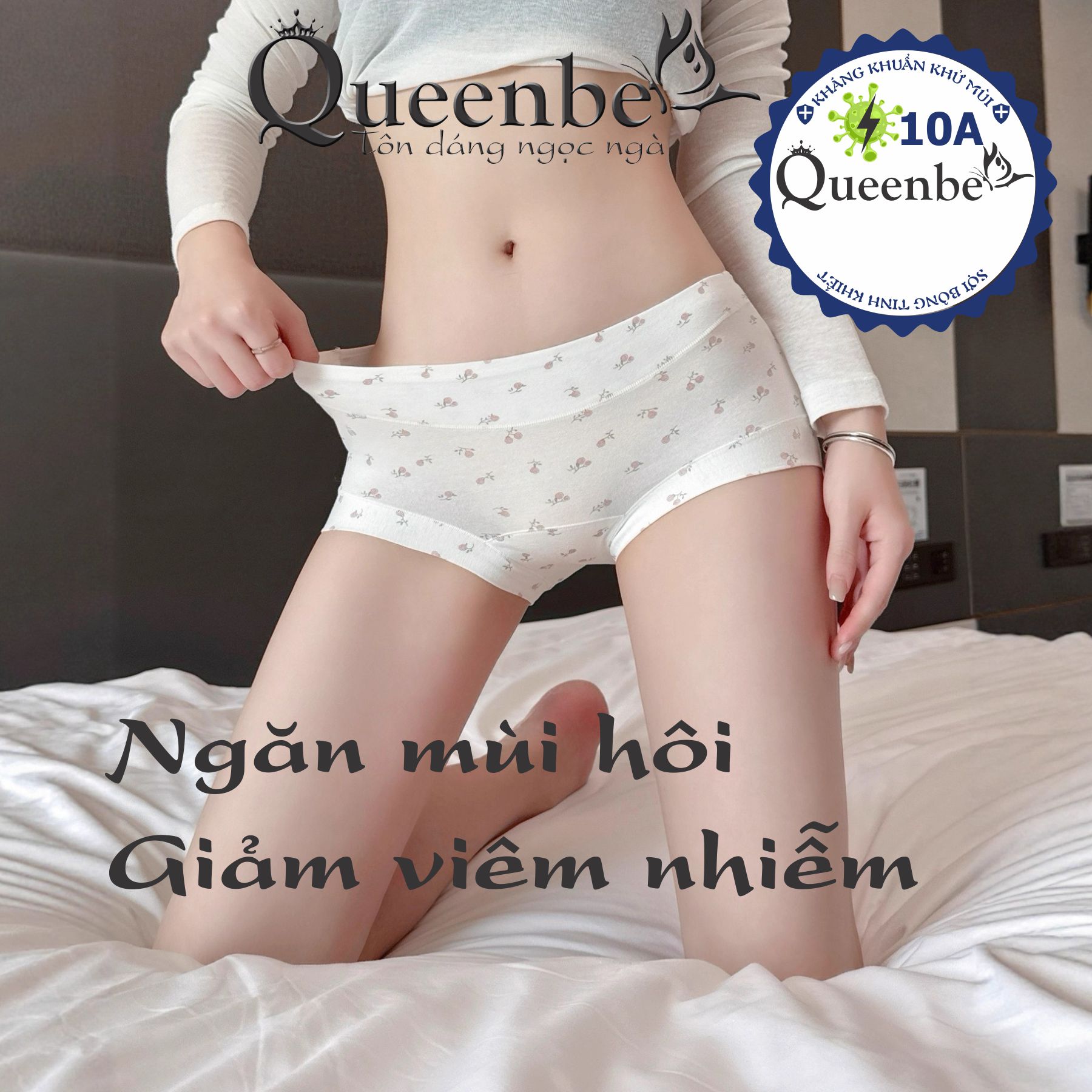Quần lót kháng khuẩn 10a cho nữ của Queenbe GLDL056 Boxer sợi bông dài tinh khiết ngăn mùi hôi, giảm viêm nhiễm