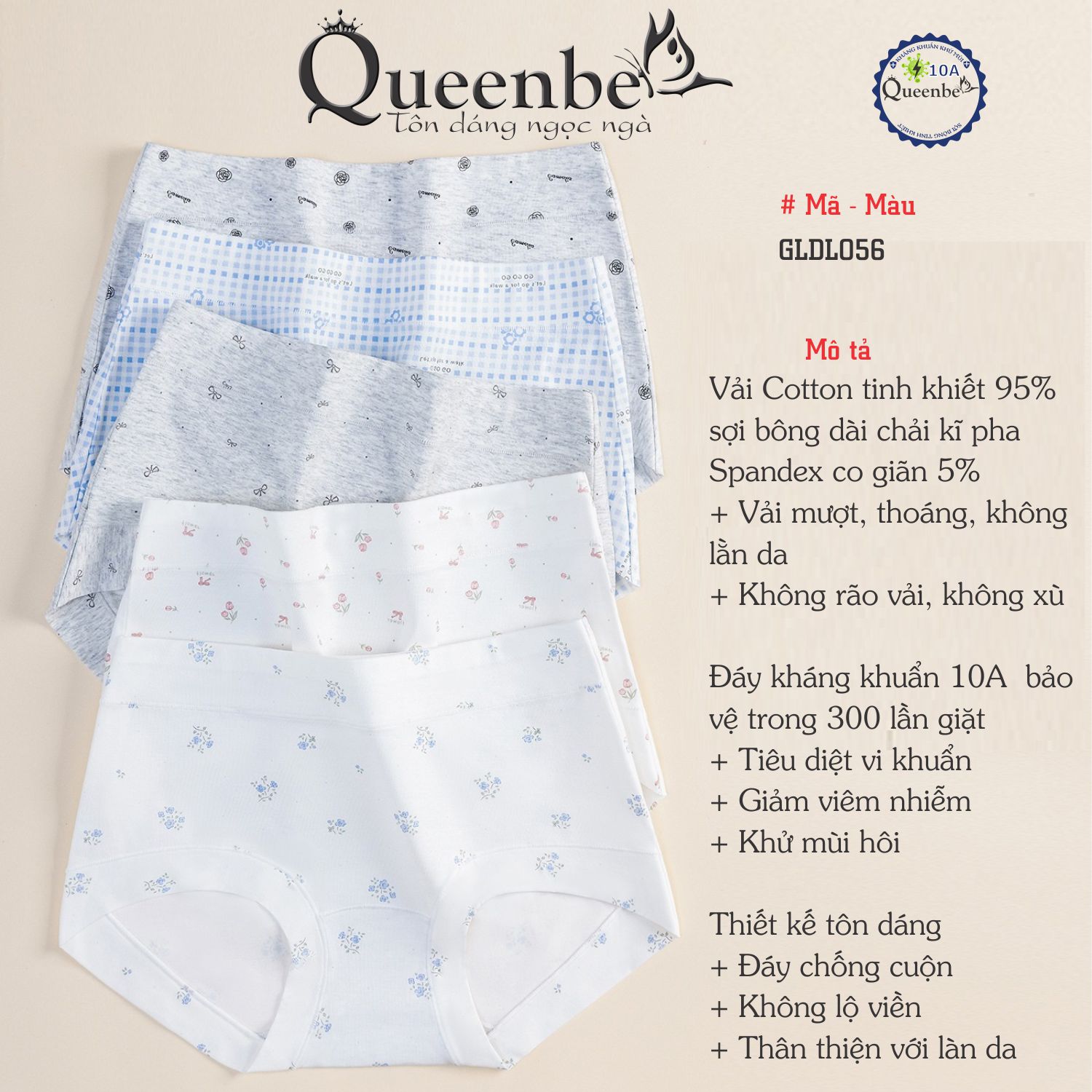 Quần lót kháng khuẩn 10a cho nữ của Queenbe GLDL056 Boxer sợi bông dài tinh khiết ngăn mùi hôi, giảm viêm nhiễm