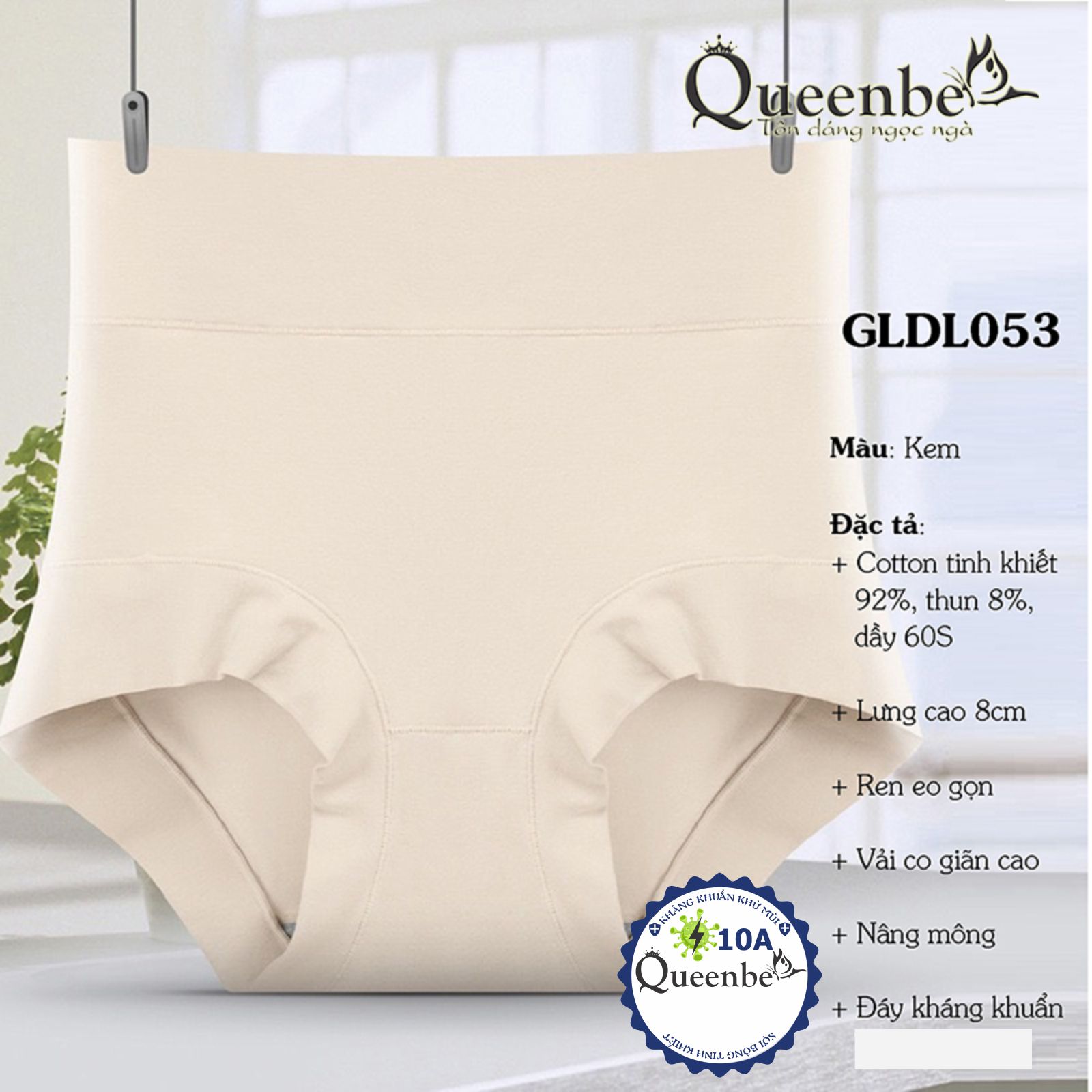 Quần lót nữ cotton kháng khuẩn 10A Queenbe GLDL053 gen eo chống cuộn nâng mông ren bụng
