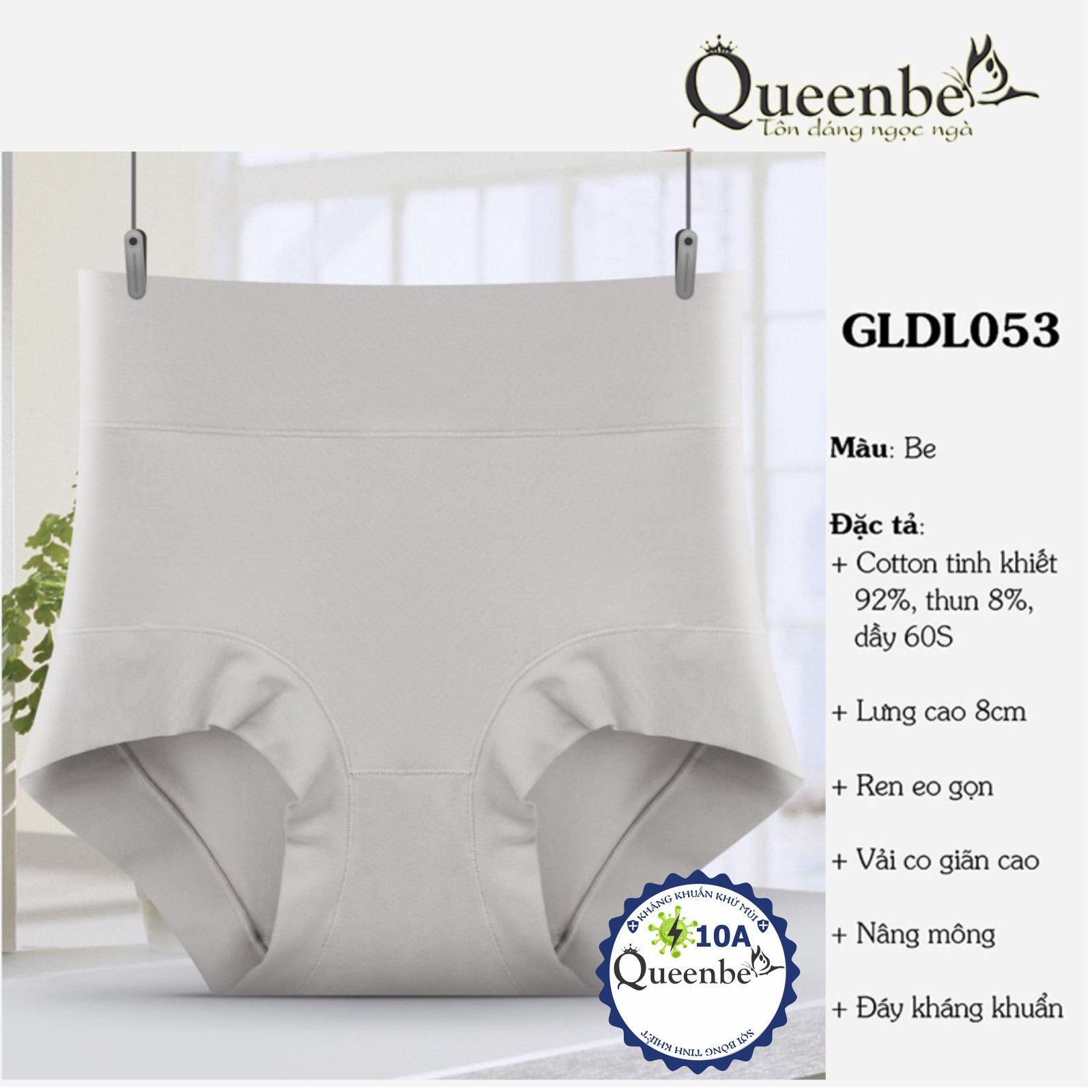 Quần lót nữ cotton kháng khuẩn 10A Queenbe GLDL053 gen eo chống cuộn nâng mông ren bụng