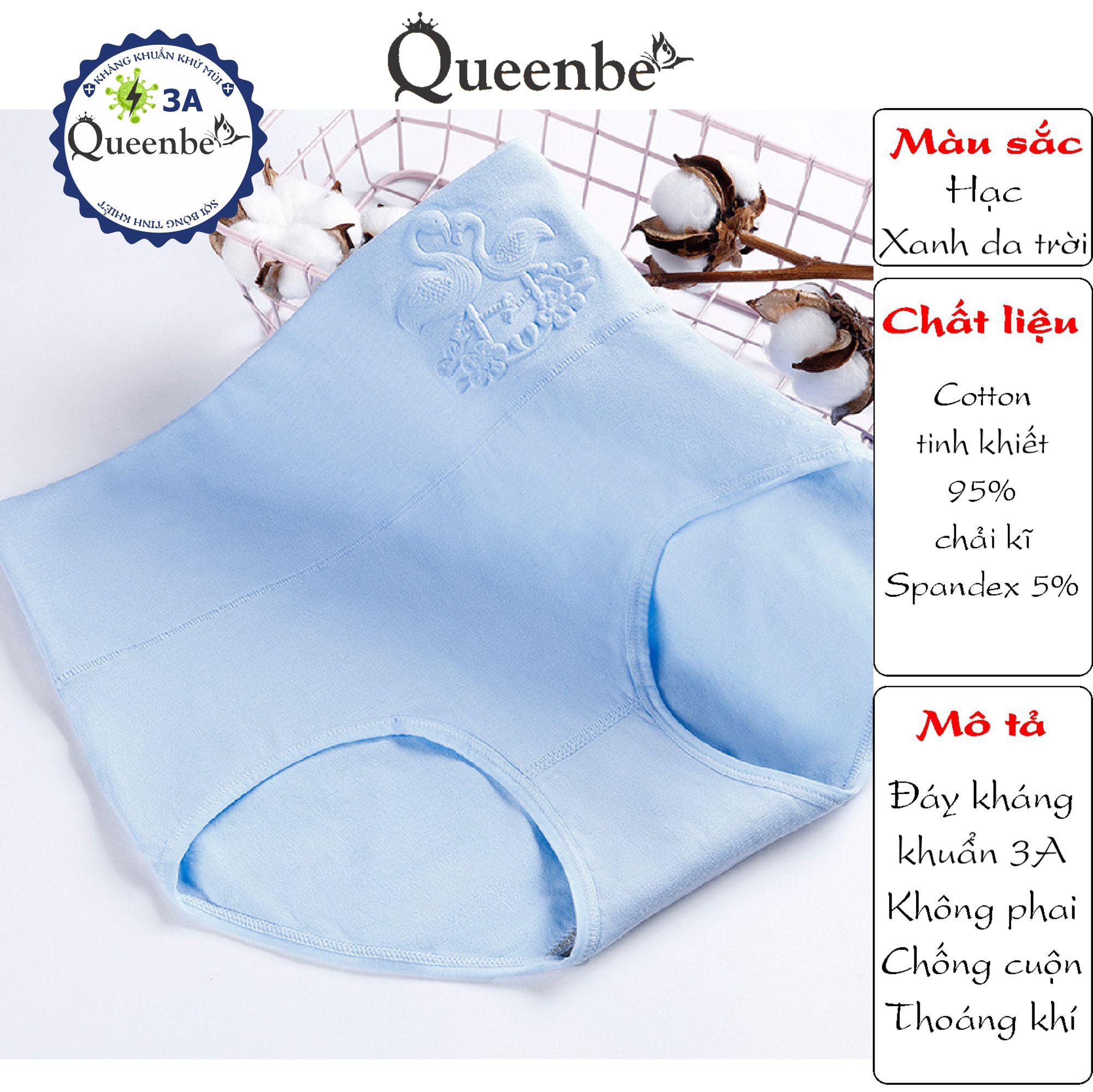 Quần lót nữ cotton kháng khuẩn GLDL045 Queenbe lưng cao gen eo chống cuộn thông thoáng và thấm hút mồ hôi