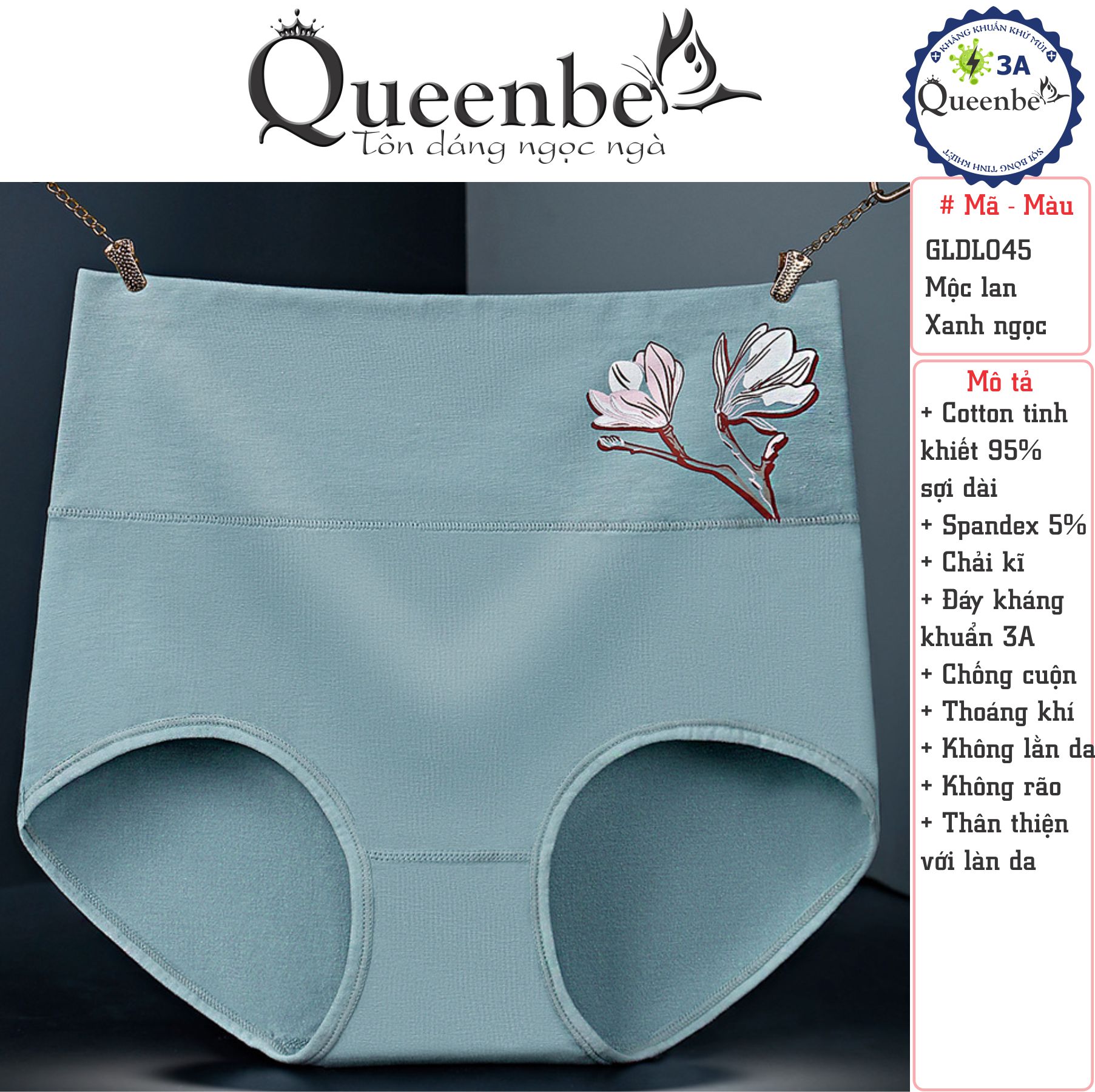 Quần lót nữ cotton kháng khuẩn GLDL045 Queenbe lưng cao gen eo chống cuộn thông thoáng và thấm hút mồ hôi