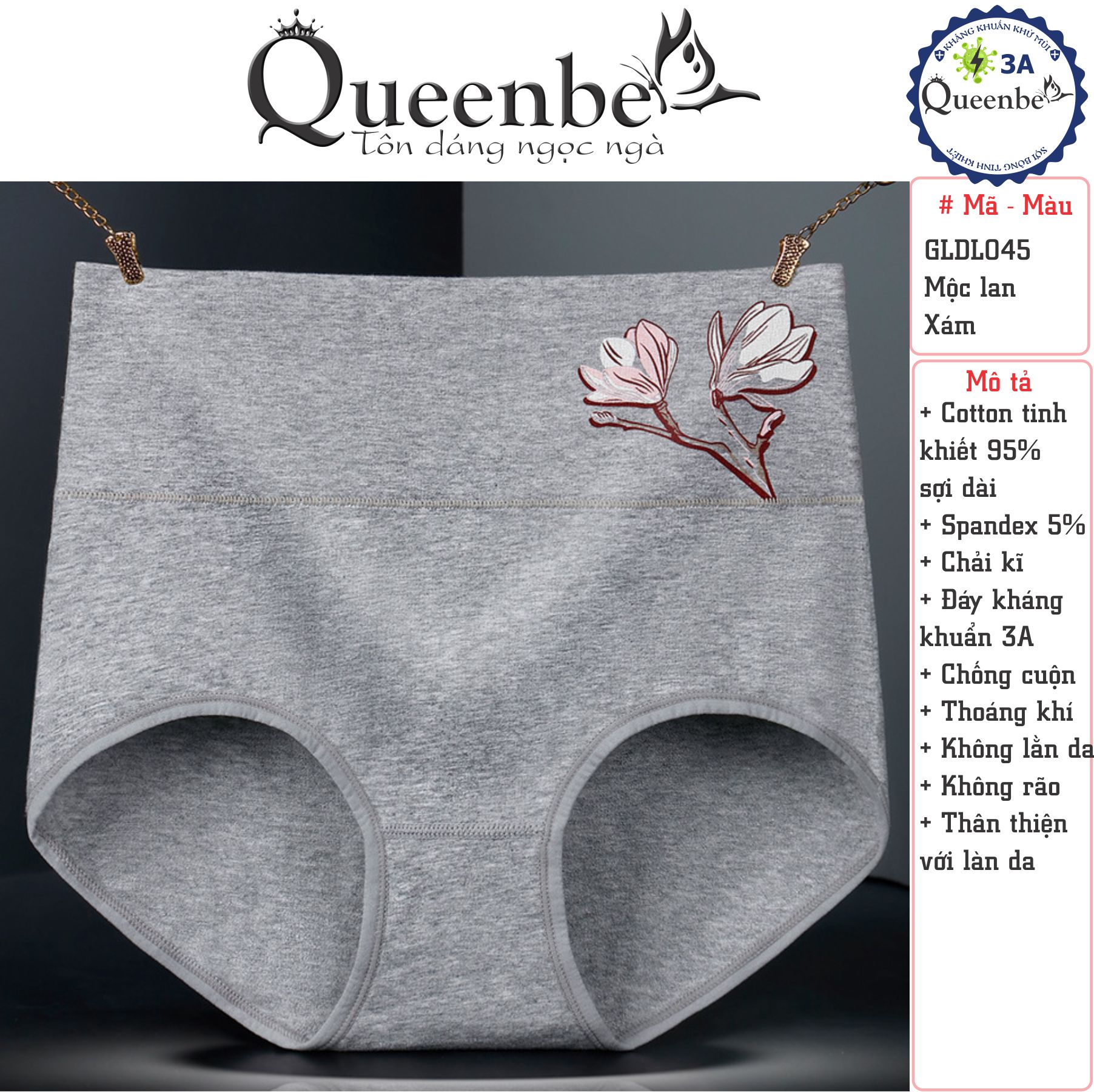 Quần lót nữ cotton kháng khuẩn GLDL045 Queenbe lưng cao gen eo chống cuộn thông thoáng và thấm hút mồ hôi