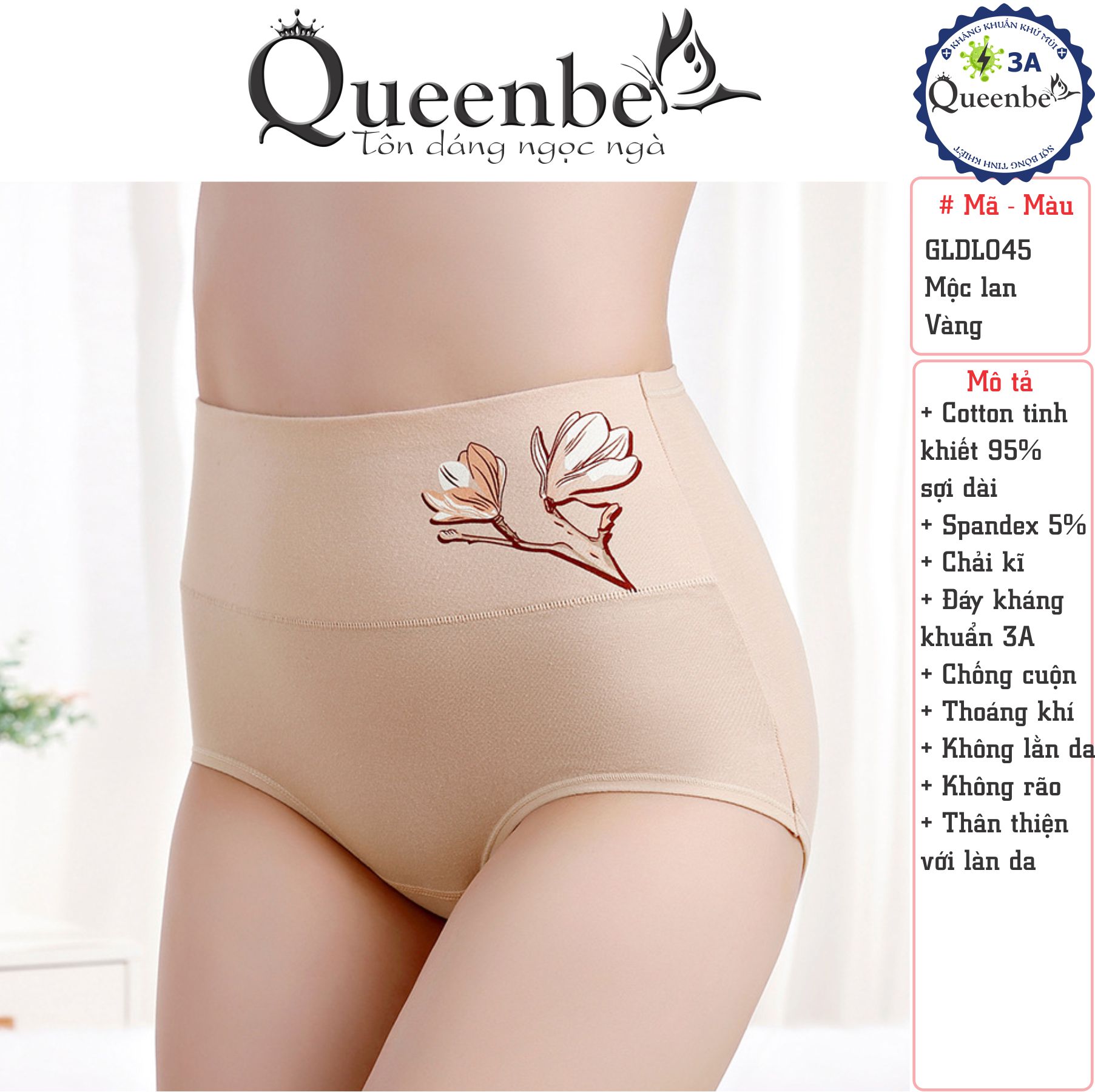 Quần lót nữ cotton kháng khuẩn GLDL045 Queenbe lưng cao gen eo chống cuộn thông thoáng và thấm hút mồ hôi