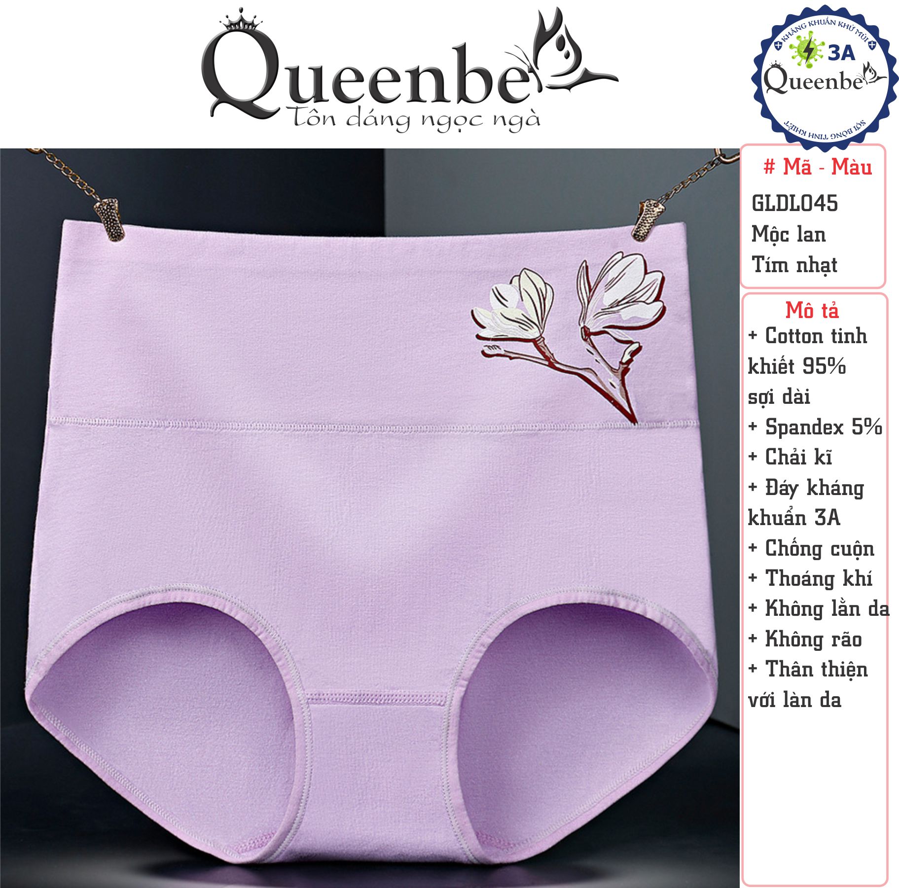 Quần lót nữ cotton kháng khuẩn GLDL045 Queenbe lưng cao gen eo chống cuộn thông thoáng và thấm hút mồ hôi