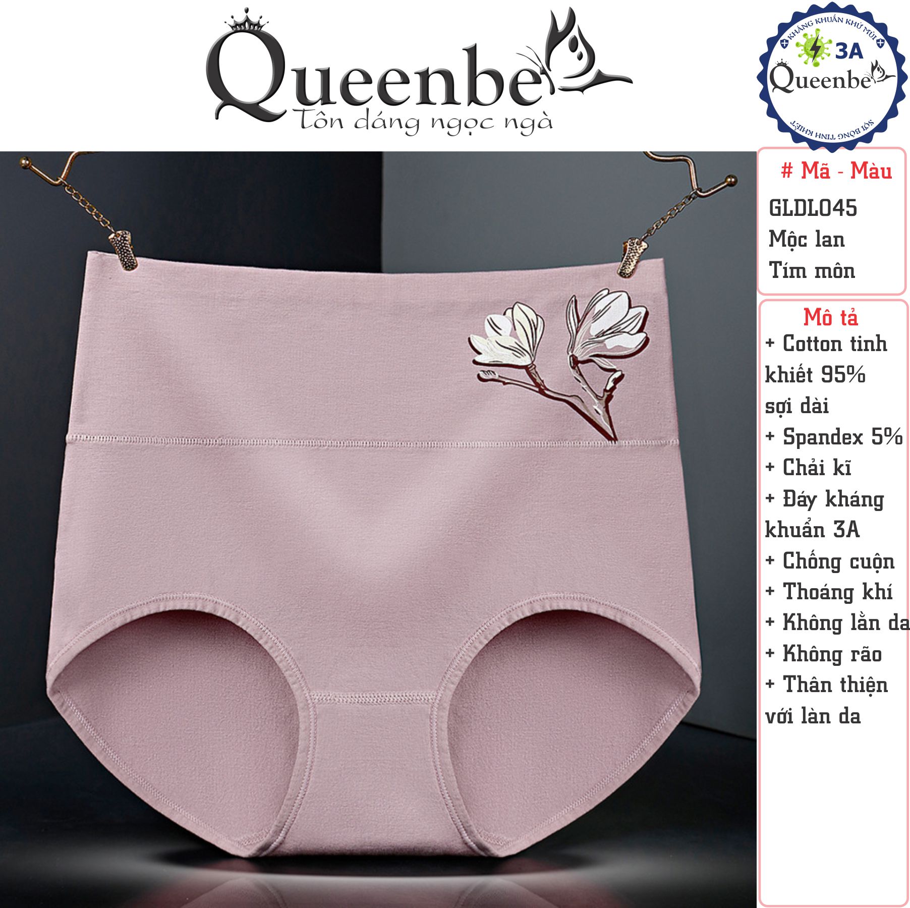 Quần lót nữ cotton kháng khuẩn GLDL045 Queenbe lưng cao gen eo chống cuộn thông thoáng và thấm hút mồ hôi