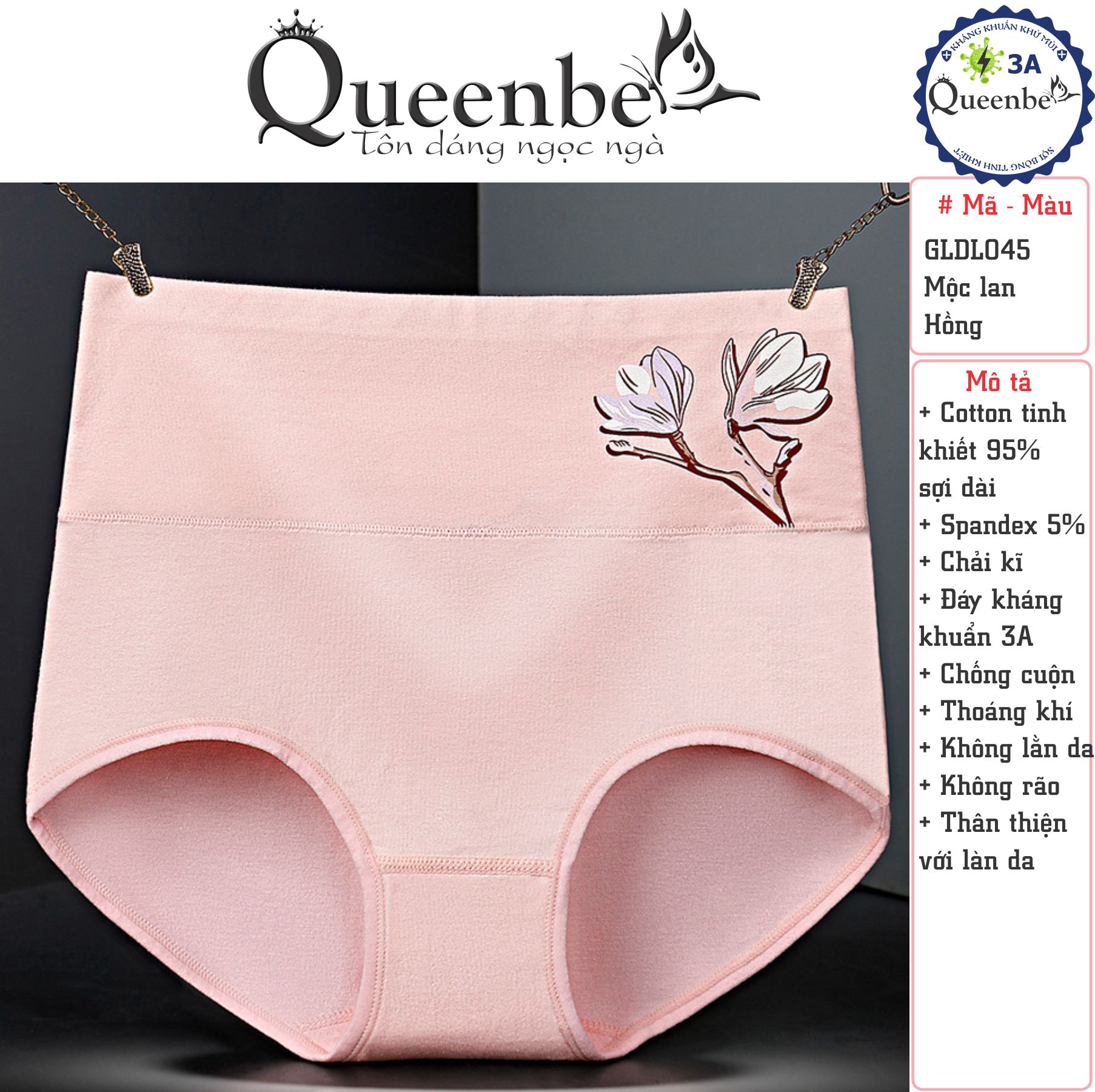 Quần lót nữ cotton kháng khuẩn GLDL045 Queenbe lưng cao gen eo chống cuộn thông thoáng và thấm hút mồ hôi