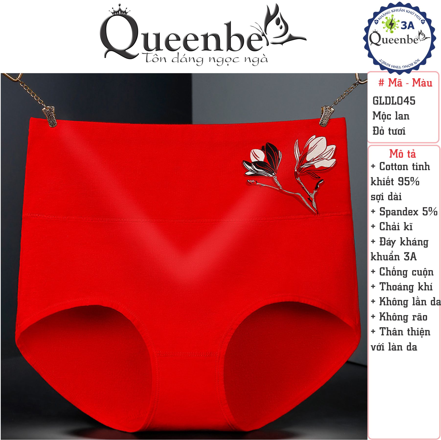 Quần lót nữ cotton kháng khuẩn GLDL045 Queenbe lưng cao gen eo chống cuộn thông thoáng và thấm hút mồ hôi