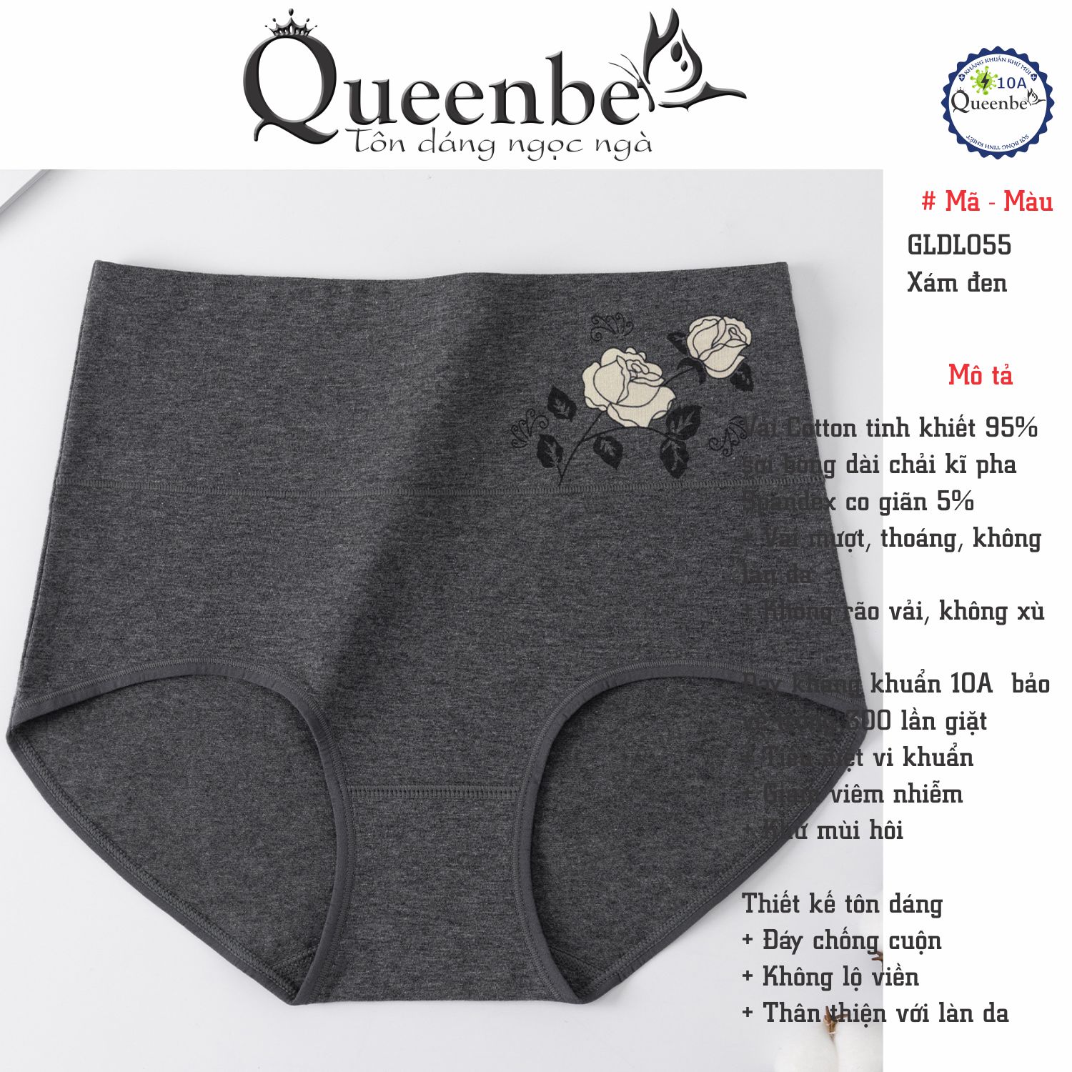 Quần lót nữ kháng khuẩn 10a Queenbe GLDL055 sợi bông dài tinh khiết ngăn mùi hôi, giảm viêm nhiễm