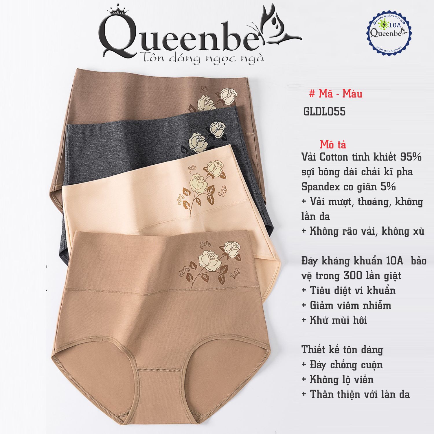 Quần lót nữ kháng khuẩn 10a Queenbe GLDL055 sợi bông dài tinh khiết ngăn mùi hôi, giảm viêm nhiễm