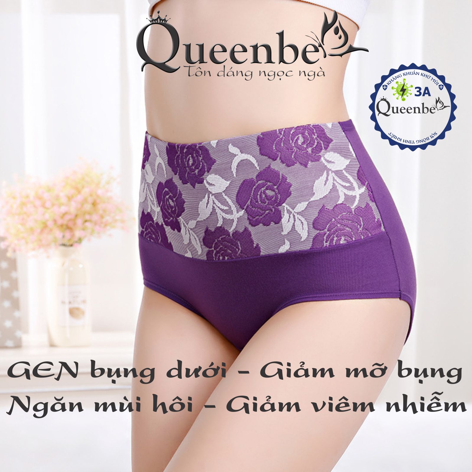 Quần lót nữ lưng cao GEN bụng dưới GLDL049 Queenbe cotton mềm dệt hoa hồng 3d