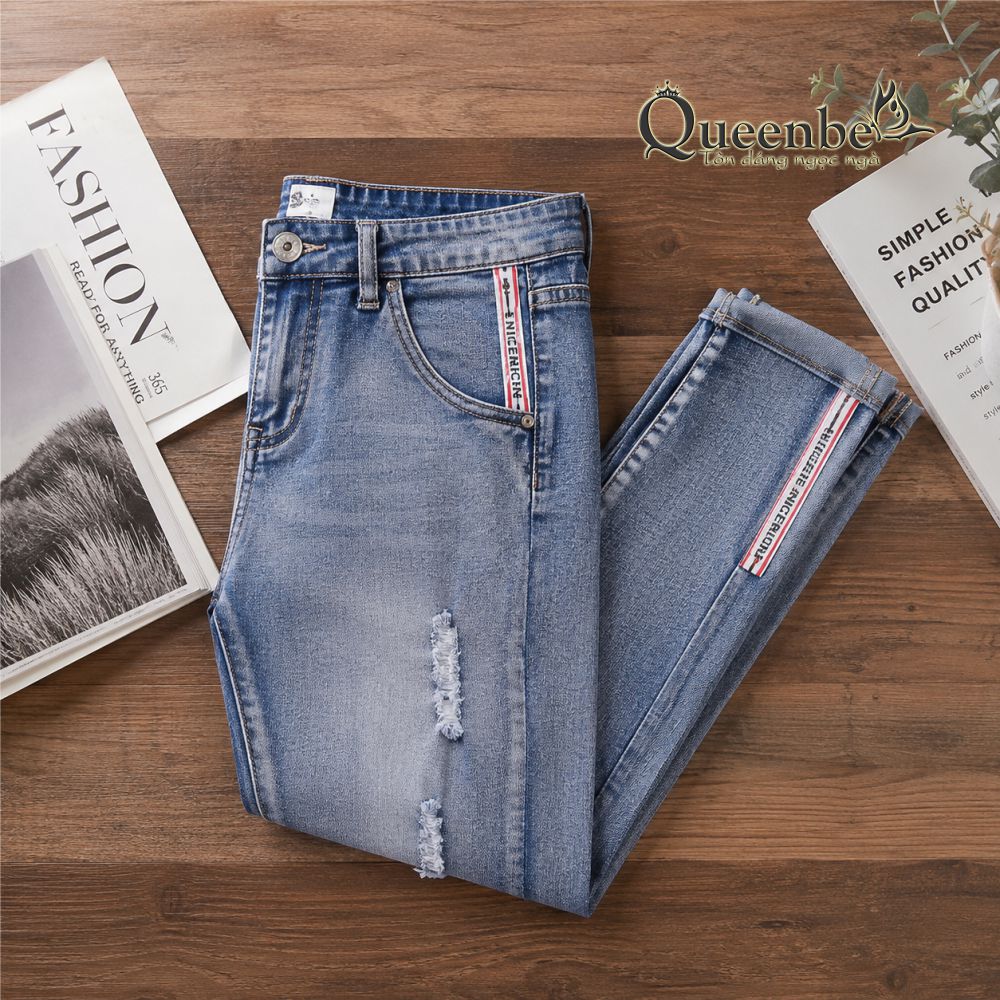 Quần lửng nữ dáng ôm mài nghệ thuật Queenbe GLQ091 jean cotton mềm thoáng