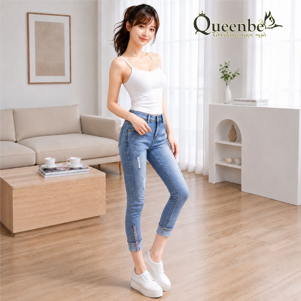 Quần lửng nữ dáng ôm mài nghệ thuật Queenbe GLQ091 jean cotton mềm thoáng