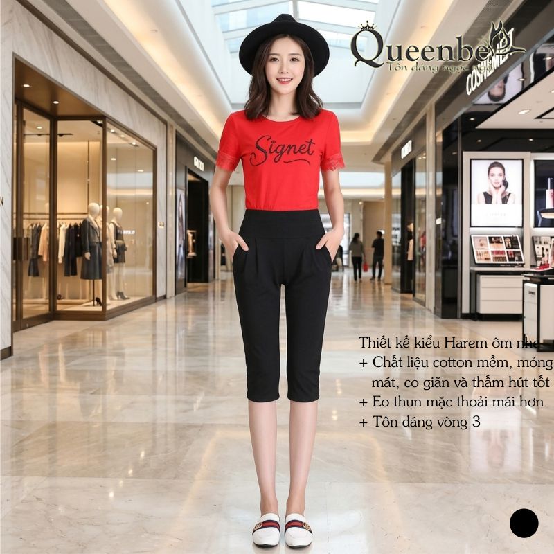 Quần lửng nữ lưng cao lưng thun big size kiểu harem Queeenbe GLQ084 vải cotton co giãn 4 chiều