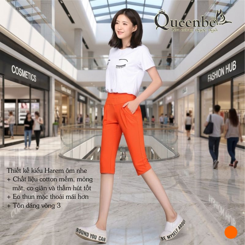 Quần lửng nữ lưng cao lưng thun big size kiểu harem Queeenbe GLQ084 vải cotton co giãn 4 chiều