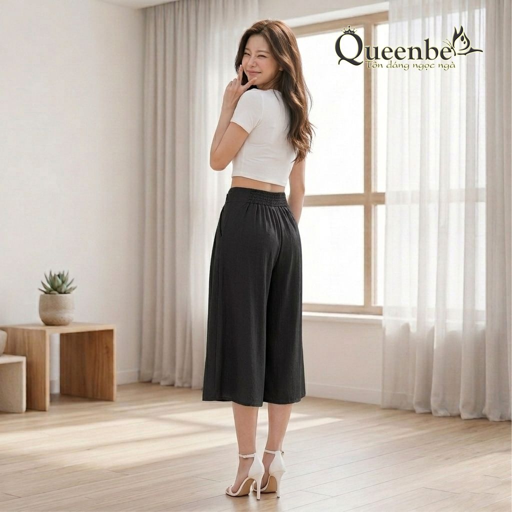 Quần lửng nữ ống rộng eo thun có big size Queenbe GLQ115 vải voan xốp cao cấp mềm mượt thông thoáng