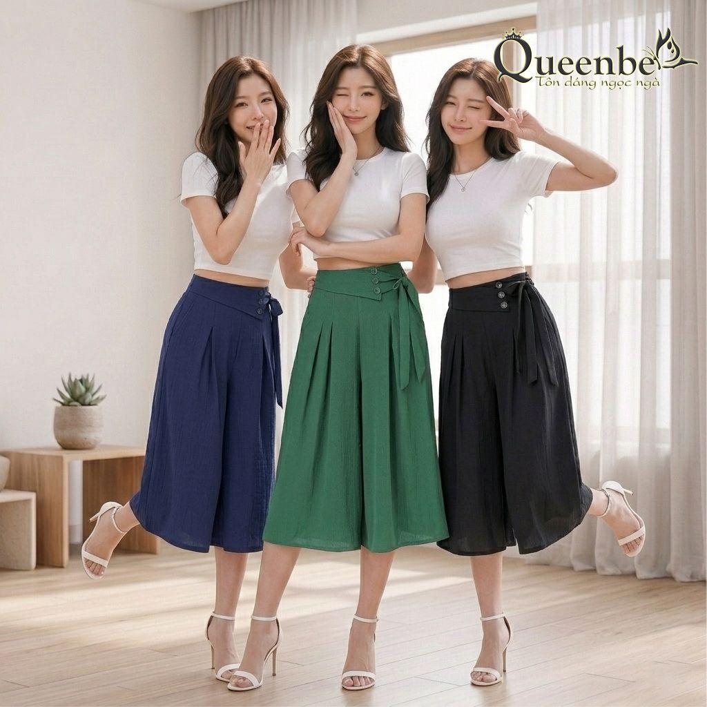 Quần lửng nữ ống rộng eo thun có big size Queenbe GLQ115 vải voan xốp cao cấp mềm mượt thông thoáng