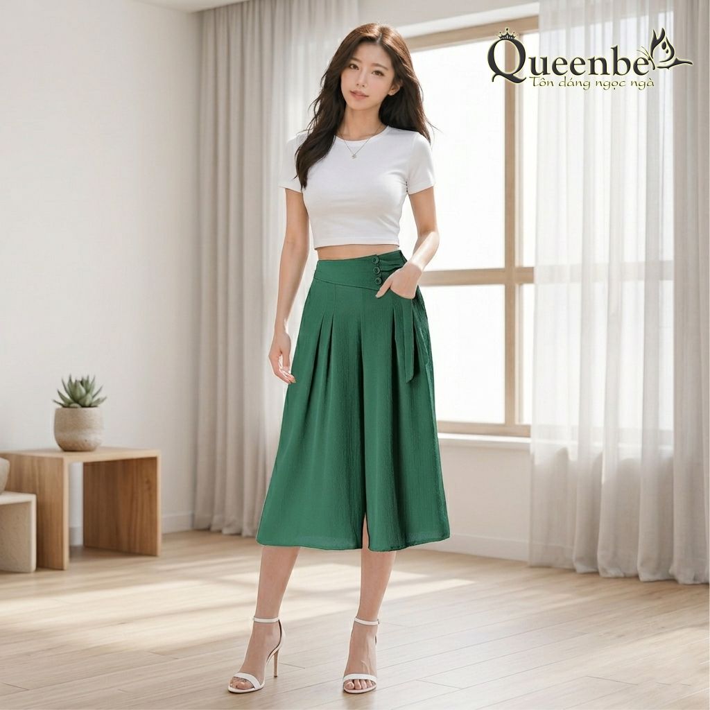 Quần lửng nữ ống rộng eo thun có big size Queenbe GLQ115 vải voan xốp cao cấp mềm mượt thông thoáng