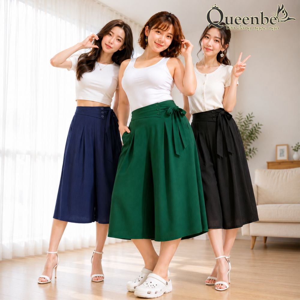 Quần lửng nữ ống rộng eo thun có big size Queenbe GLQ115 vải voan xốp cao cấp mềm mượt thông thoáng